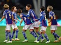 Japan Women's Aoba Fujino celebrates scoring their second goal with teammates on July 26, 2023