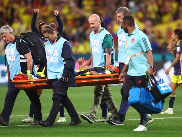 Colombia Women's Jorelyn Carabali is stretchered off after sustaining an injury on July 30, 2023