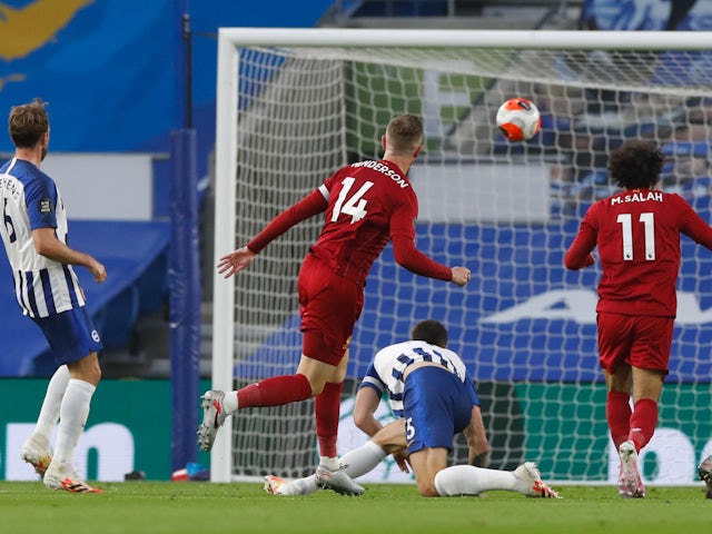 Jordan Henderson scores for Liverpool against Brighton & Hove Albion on July 8, 2020