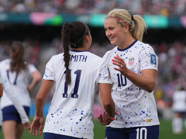USA midfielder Lindsey Horan celebrates with Sophia Smith after scoring a goal against Vietnam on July 22, 2023