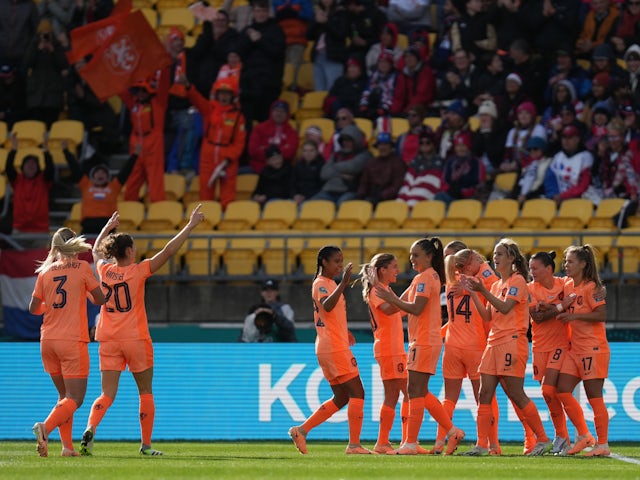 Netherlands Women midfielder Jill Roord (6) reacts after scoring a goal on July 27, 2023