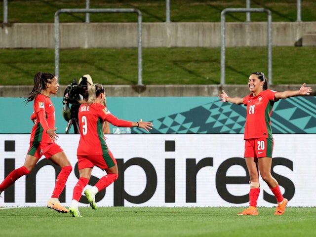 Portugal Women's Kika Nazareth celebrates scoring their second goal on July 27, 2023