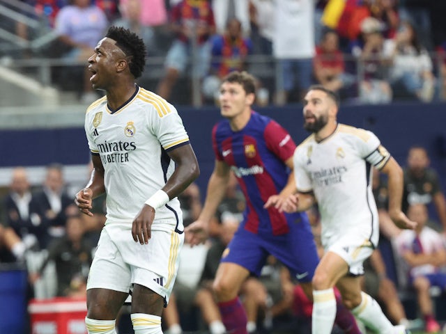 Real Madrid forward Vinicius Junior (7) reacts after missing a penalty on July 29, 2023