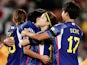 Japan's Riko Ueki celebrates scoring their fifth goal with teammates on July 22, 2023
