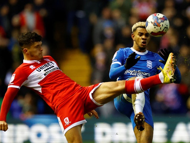 Middlesbrough's Ryan Giles in action with Birmingham City's Juninho Bacuna on January 2, 2023