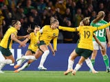 Australia's Steph Catley celebrates scoring their first goal with Hayley Raso and Caitlin Foord on July 20, 2023