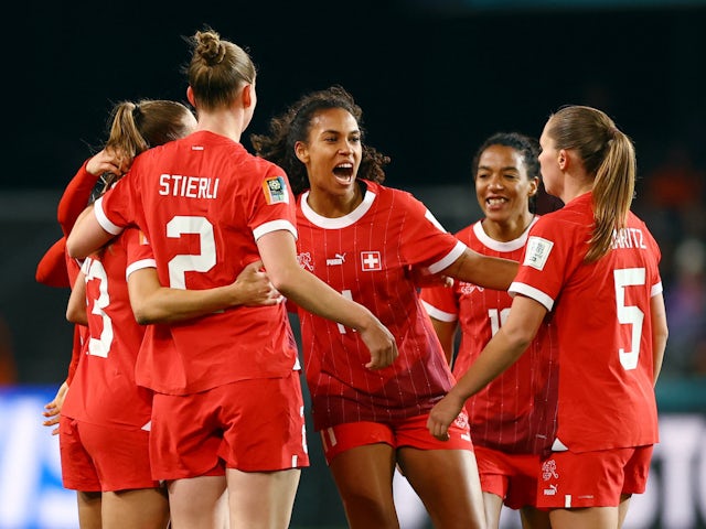 Switzerland Women's Coumba Sow with teammates celebrate after the match on July 30, 2023