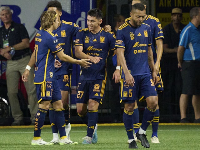 UANL Tigres defender Jesus Angulo (27) celebrates with teammates after scoring on July 27, 2023