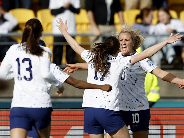 Lindsey Horan of the USA Women celebrates scoring their first goal with Andi Sullivan and teammates on July 27, 2023