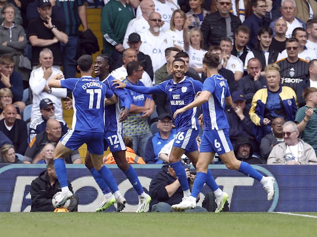 Cardiff City celebrate scoring against Leeds United on August 6, 2023.