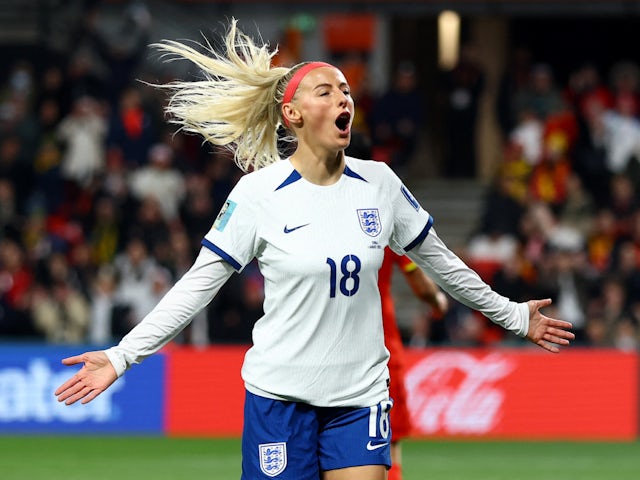 Chloe Kelly celebrates scoring for England on August 1, 2023