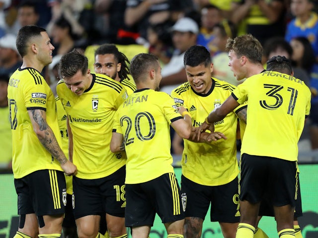 Columbus Crew forward Cucho Hernandez (right) celebrates his second goal of the game on August 1, 2023