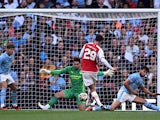 Arsenal's Kai Havertz shoots at goal as Manchester City's Stefan Ortega makes a save on August 6, 2023