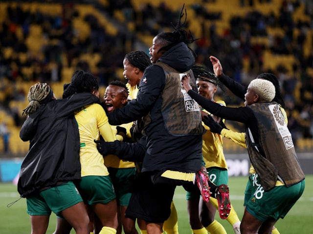 South Africa Women's Thembi Kgatlana celebrates scoring their third goal with teammates on August 2, 2023