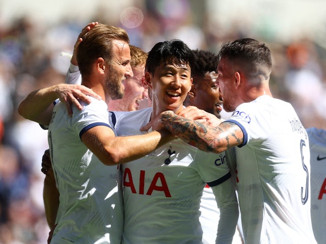 Tottenham Hotspur's Harry Kane celebrates scoring their first goal on August 6, 2023