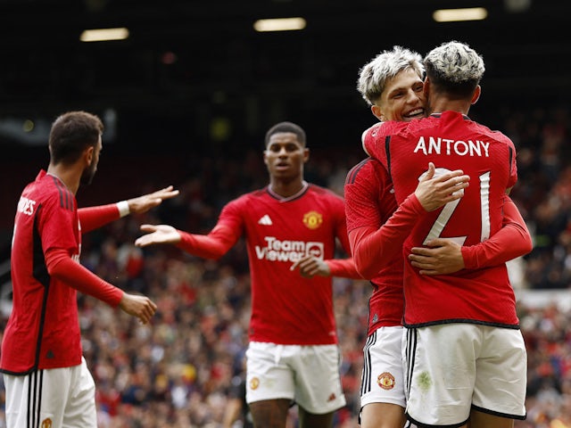 Manchester United's Antony celebrates scoring against Lens on August 5, 2023