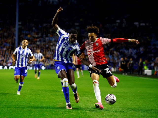 Sheffield Wednesday's Dominic Iorfa in action with Southampton's Samuel Edozie on August 4, 2023