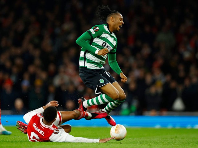 Sporting Lisbon's Youssef Chermiti in action with Arsenal's Gabriel on March 16, 2023