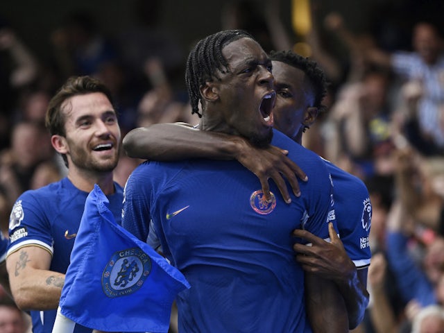 Chelsea's Axel Disasi celebrates scoring their first goal on August 13, 2023