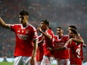 Benfica's Petar Musa celebrates scoring their second goal with teammates on August 9, 2023