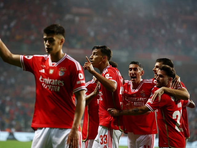 Benfica's Petar Musa celebrates scoring their second goal with teammates on August 9, 2023