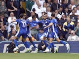 Cardiff City's Ike Ugbo celebrates scoring their second goal with teammates on August 6, 2023