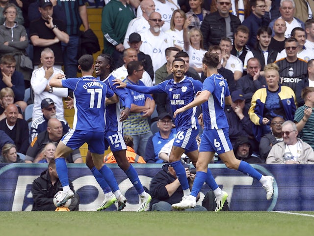 Cardiff City's Ike Ugbo celebrates scoring their second goal with teammates on August 6, 2023