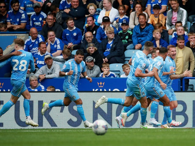 Coventry City's Kyle McFadzean celebrates scoring their first goal with teammates on August 6, 2023