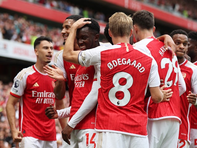 Eddie Nketiah celebrates scoring for Arsenal on August 12, 2023