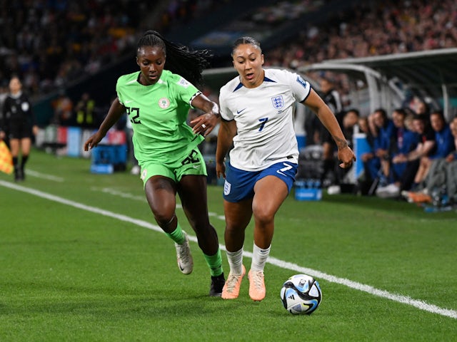 England's Lauren James in action with Nigeria's Michelle Alozie on August 7, 2023