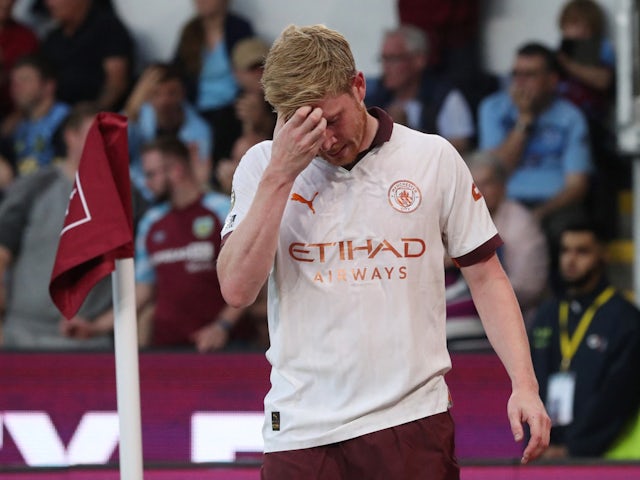 Manchester City's Kevin De Bruyne after being substituted due to injury on August 11, 2023