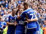 Leicester City's Kiernan Dewsbury-Hall celebrates scoring their second goal with Harry Winks and teammates on August 6, 2023