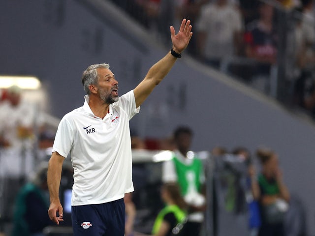 RB Leipzig coach Marco Rose reacts on August 12, 2023