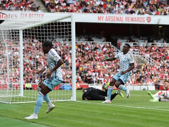 Nottingham Forest's Taiwo Awoniyi celebrates scoring their first goal on August 12, 2023