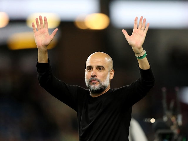 Manchester City manager Pep Guardiola celebrates after the match on August 11, 2023