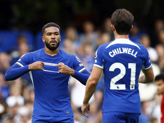 Chelsea's Reece James passes the arm band to Ben Chilwell before being substituted on August 13, 2023