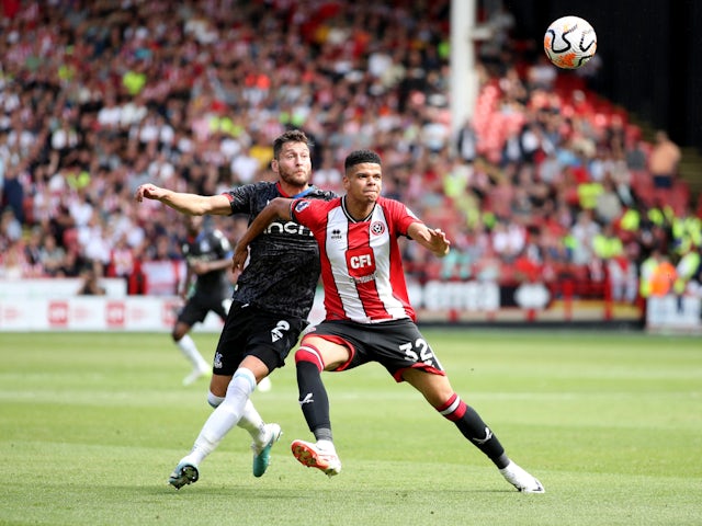 Crystal Palace's Joel Ward in action with Sheffield United's William Osula on August 12, 2023