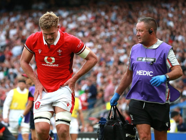 Wales' Taine Plumtree receives medical attention on August 12, 2023