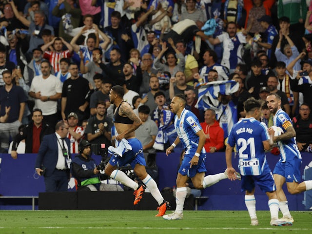 Espanyol's Vinicius Souza celebrates scoring their third goal on May 24, 2023