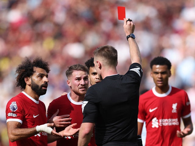 Liverpool's Alexis Mac Allister is sent off on August 19, 2023