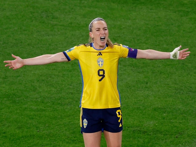 Kosovare Asllani celebrates scoring for Sweden Women on August 19, 2023