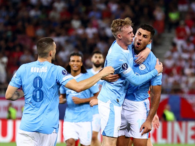 Manchester City's Cole Palmer celebrates scoring against Sevilla on August 16, 2023