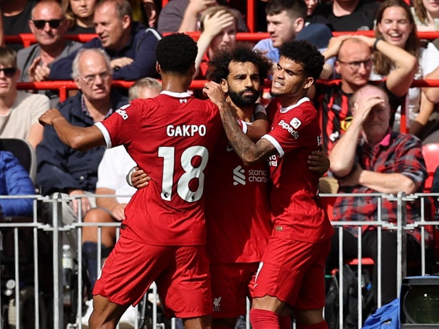 Mohamed Salah celebrates scoring for Liverpool on August 19, 2023