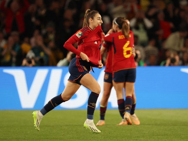 Spain's Olga Carmona celebrates scoring their first goal on August 20, 2023