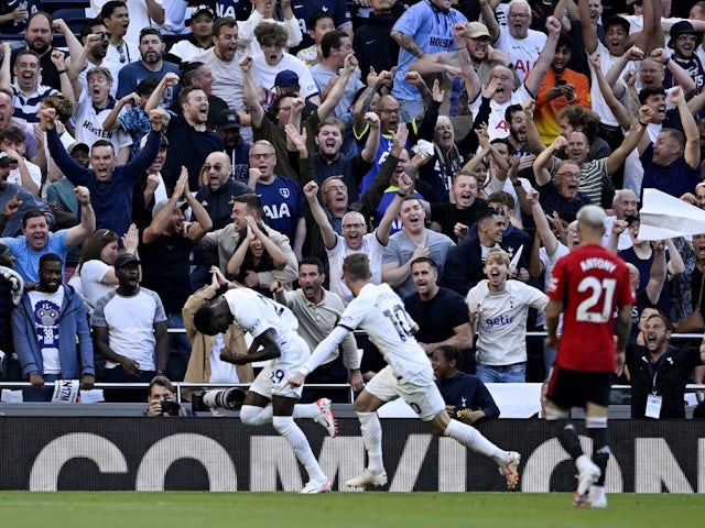 Tottenham Hotspur's Pape Sarr celebrates scoring against Manchester United on August 19, 2023