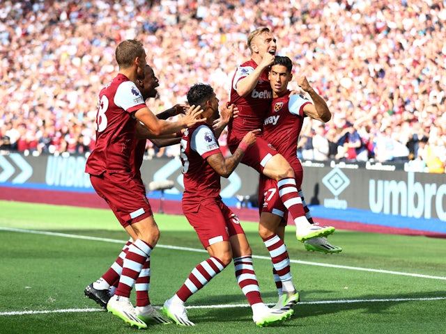 West Ham United's Nayef Aguerd celebrates scoring their first goal on August 20, 2023