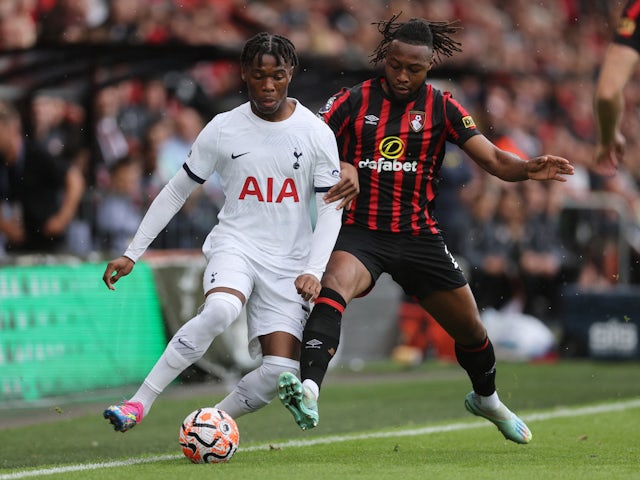 Tottenham Hotspur's Destiny Udogie in action with Bournemouth's Antoine Semenyo on August 26, 2023