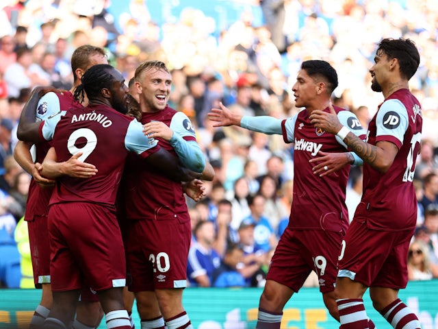 West Ham United's James Ward-Prowse celebrates scoring against Brighton & Hove Albion on August 26, 2023