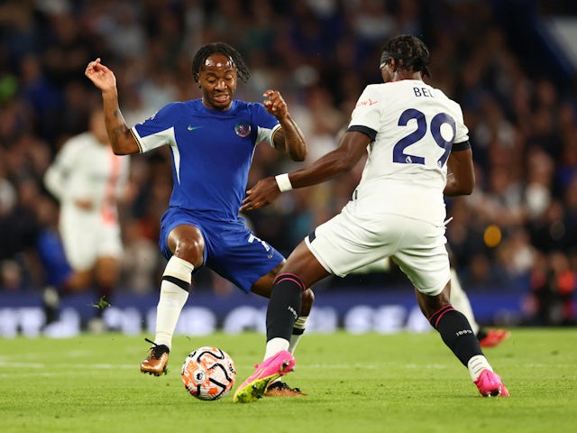 Chelsea's Raheem Sterling in action with Luton Town's Amari'i Bell on August 25, 2023