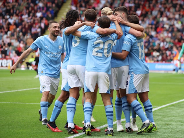 Manchester City's Erling Braut Haaland celebrates scoring their first goal on August 27, 2023
